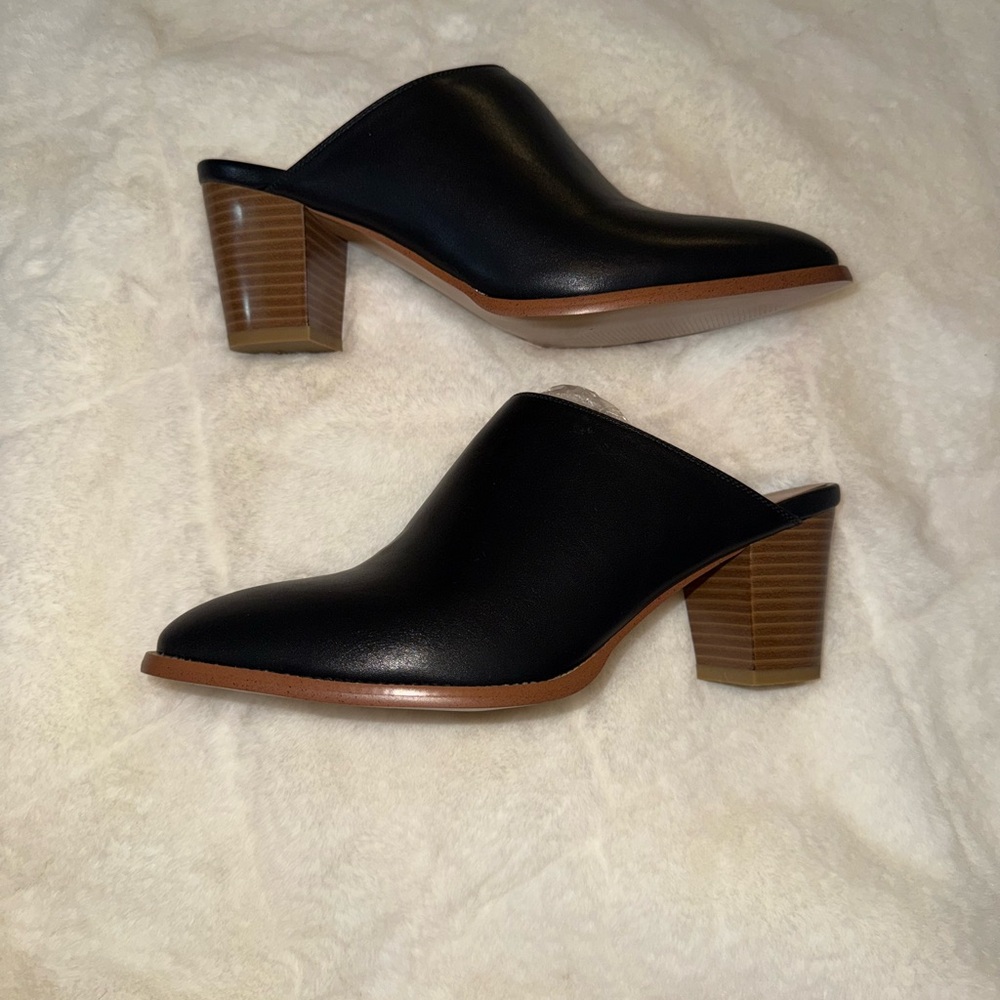 Black Leather Mules with Tan Heel - Picture 2 of 5